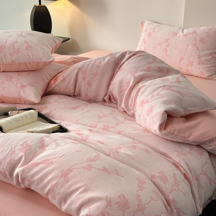 91家纺网 家纺一手货源 找家纺 雅居纺家纺 2024新款全棉双层纱色织提花四件套 初春-粉