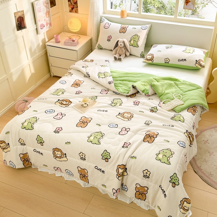 91家纺网 家纺一手货源 找家纺 寐居家纺 2024新款水洗棉小花边夏被 恐龙家族