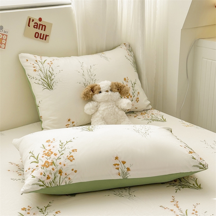 91家纺网 家纺一手货源 找家纺 古吉梦 2024新款水洗棉小清新印花床笠 仙草