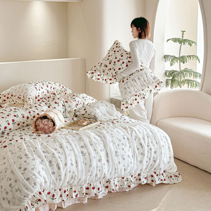 91家纺网 家纺一手货源 找家纺 （总）亲亲公主 2025新款全棉花边蕾丝公主风四件套-玫瑰恋人 