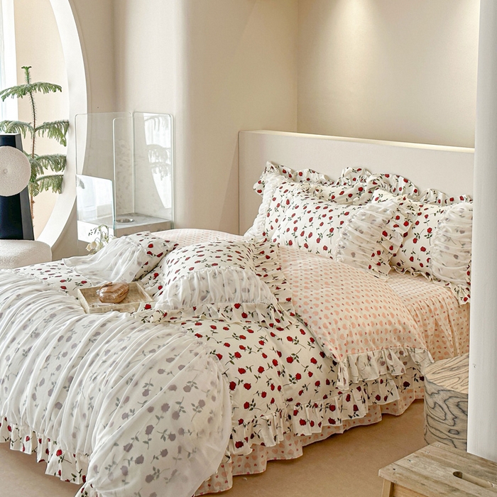 91家纺网 家纺一手货源 找家纺 （总）亲亲公主 2025新款全棉花边蕾丝公主风四件套-玫瑰恋人 