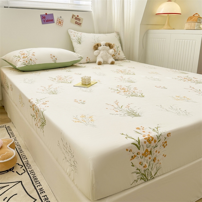 91家纺网 家纺一手货源 找家纺 古吉梦 2024新款水洗棉小清新印花床笠 仙草