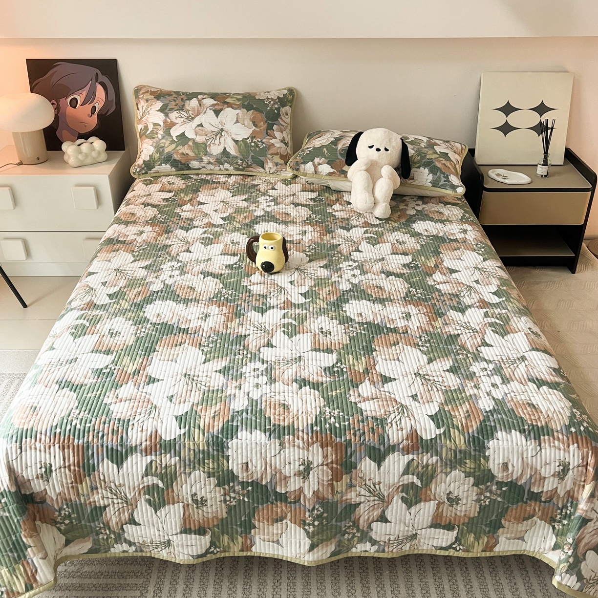 91家纺网 家纺一手货源 找家纺 HL原创 2024新款全棉印花床盖 绿百合