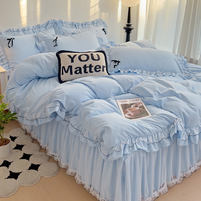 91家纺网 家纺一手货源 找家纺 言熙居 2024新款网纱花边韩版床裙款四件套 小仙女蓝