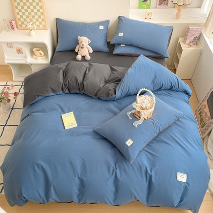 雅居纺家纺 2024新款全棉素色水洗棉四件套 牛仔蓝低调灰