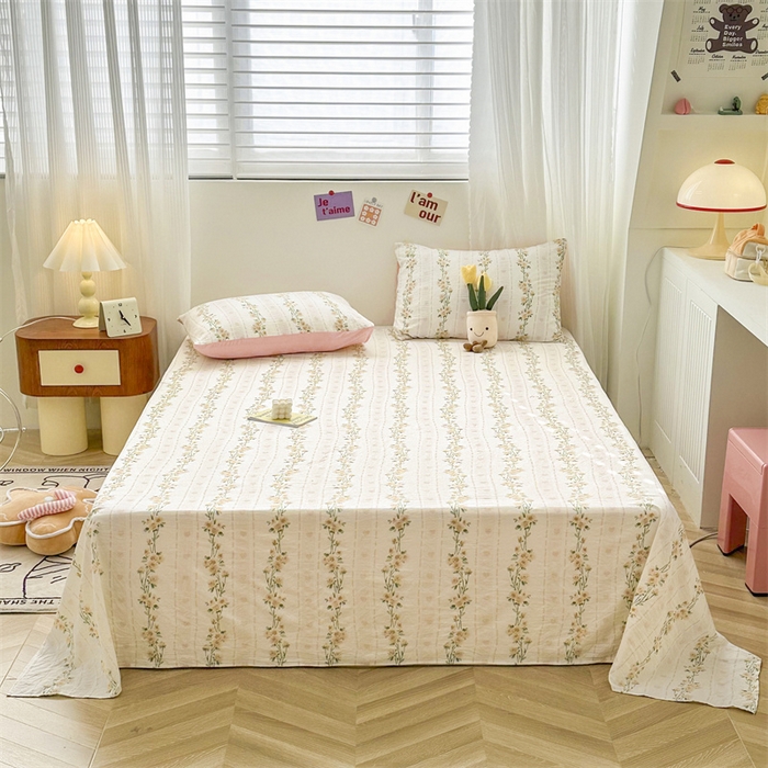 91家纺网 家纺一手货源 找家纺 古吉梦 2024新款水洗棉小清新印花床单 水洗棉-花语