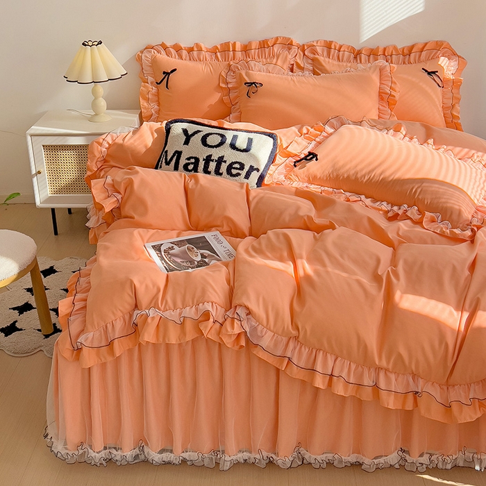 91家纺网 家纺一手货源 找家纺 言熙居 2024新款网纱花边韩版床裙款四件套 小仙女橘