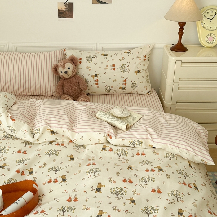 91家纺网 家纺一手货源 找家纺 昔可家纺 2024新款开春小清新花四件套 派对小熊兔兔