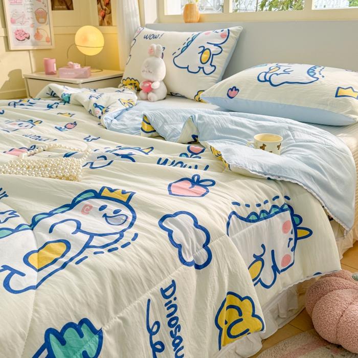 91家纺网 家纺一手货源 找家纺 寐居家纺 2024新款水洗棉小花边夏被 恐龙乐园