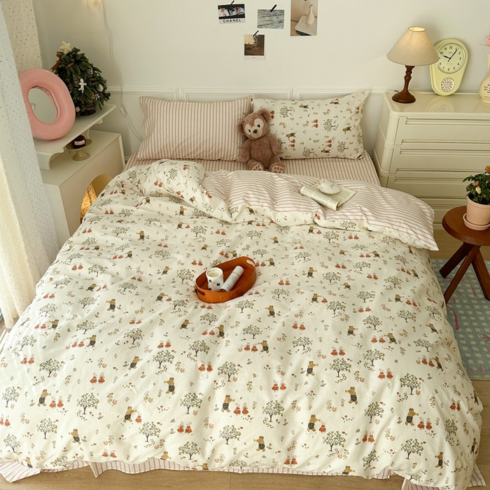 91家纺网 家纺一手货源 找家纺 昔可家纺 2024新款开春小清新花四件套 派对小熊兔兔