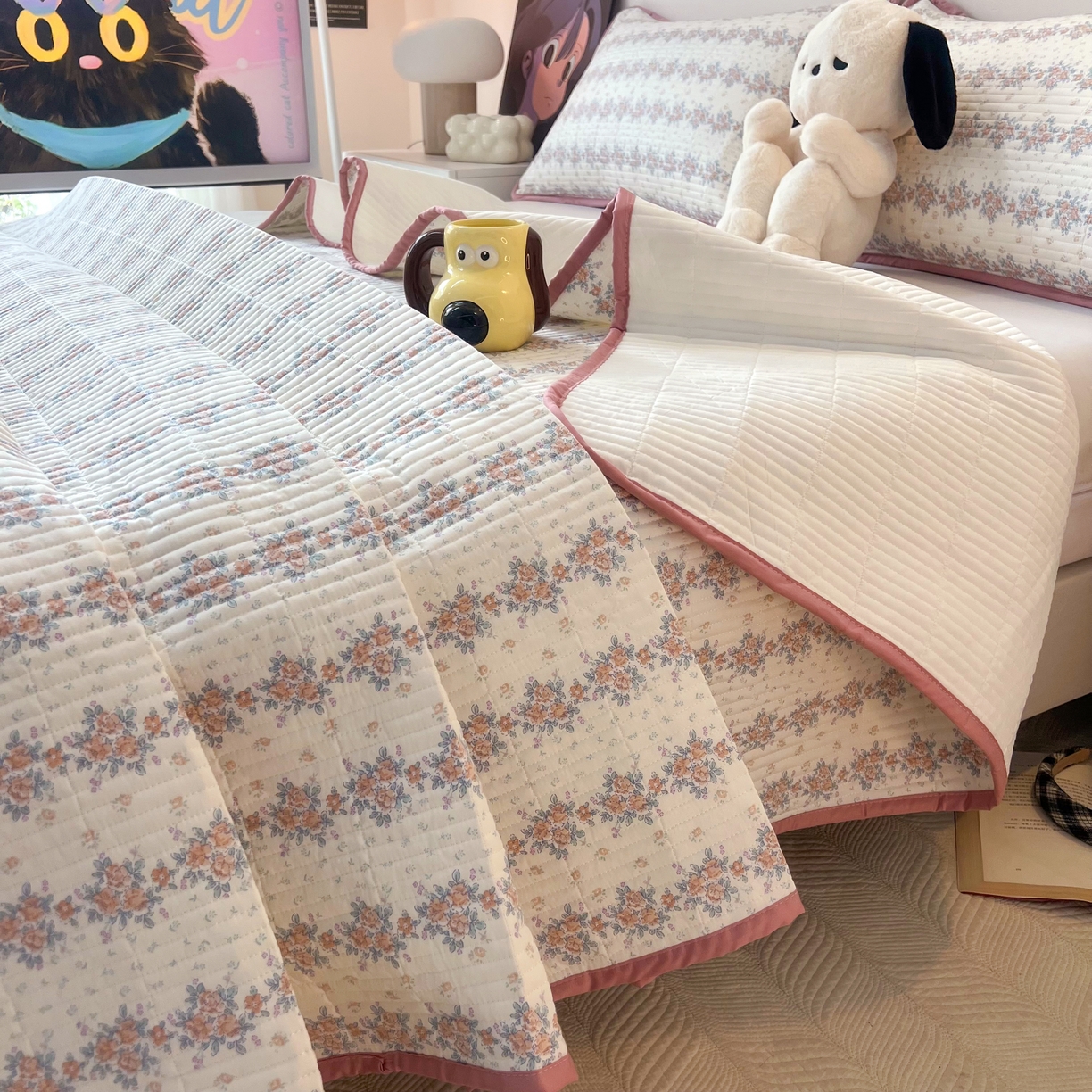 91家纺网 家纺一手货源 找家纺 HL原创 2024新款全棉印花床盖 粉色小花