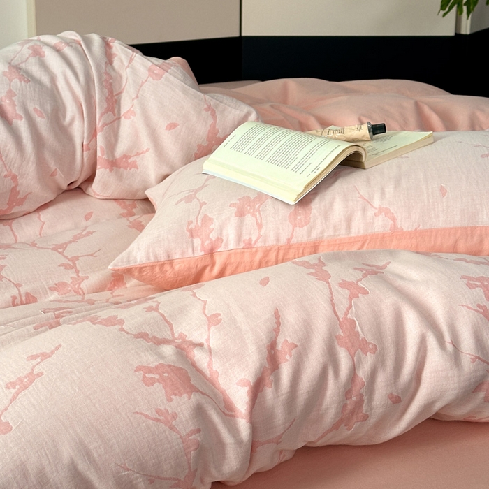 91家纺网 家纺一手货源 找家纺 雅居纺家纺 2024新款全棉双层纱色织提花四件套 初春-粉