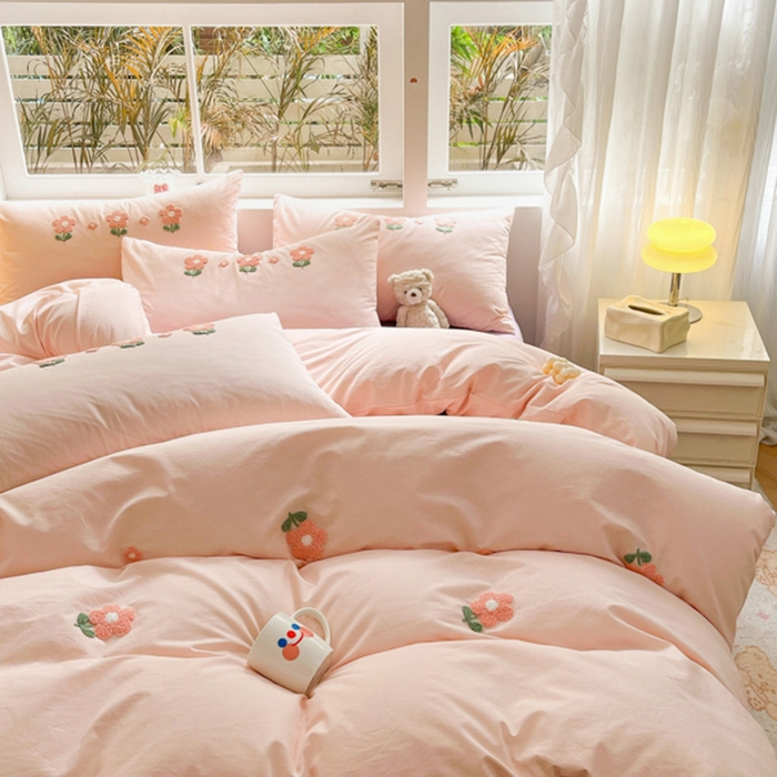 91家纺网 家纺一手货源 找家纺 寐居家纺 2024新款全棉水洗棉毛巾绣色织四件套 花儿朵朵-粉玉