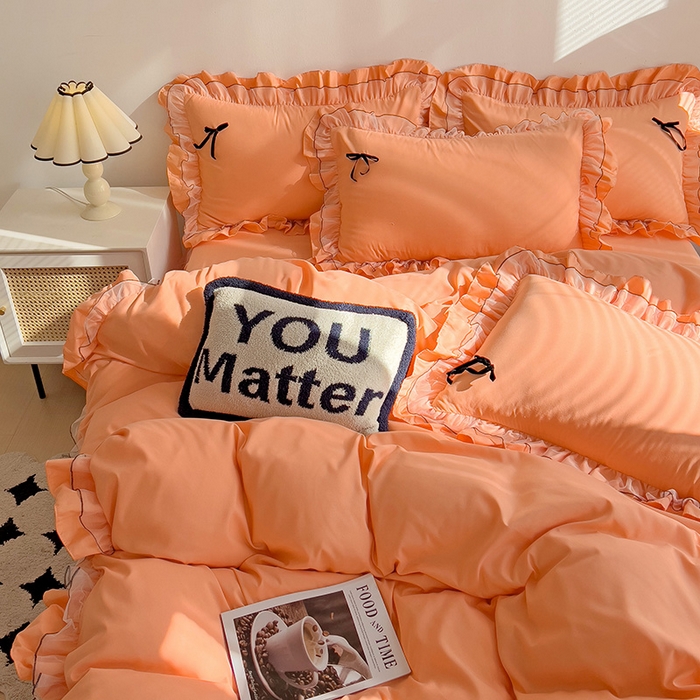 91家纺网 家纺一手货源 找家纺 言熙居 2024新款网纱花边韩版床裙款四件套 小仙女橘