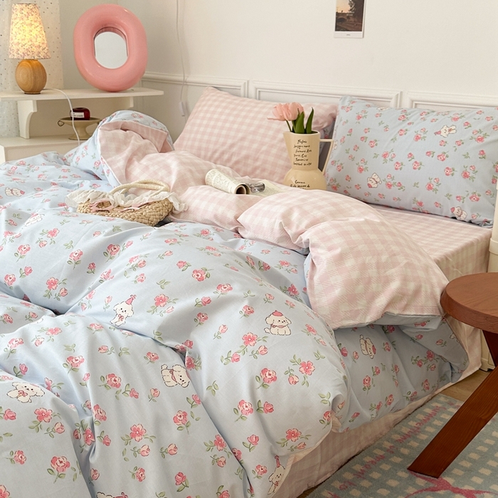 91家纺网 家纺一手货源 找家纺 昔可家纺 2024新款开春小清新花四件套 复古花狗狗