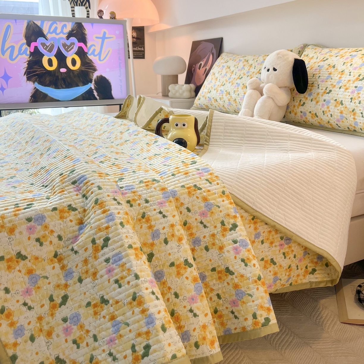 91家纺网 家纺一手货源 找家纺 HL原创 2024新款全棉印花床盖 小黄花