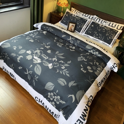 91家纺网 家纺一手货源 找家纺 花沐 2024新款云朵水洗棉四件套 【云朵棉】轻奢黑花