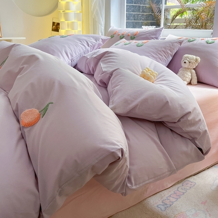 91家纺网 家纺一手货源 找家纺 寐居家纺 2024新款全棉水洗棉毛巾绣色织四件套 郁金香-紫