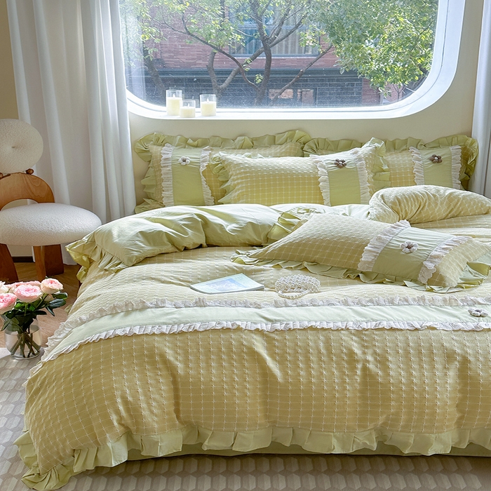 91家纺网 家纺一手货源 找家纺 蜜柚2024春夏新款全棉水洗棉韩系ins公主风花边四件套 芙贝拉-抹茶绿