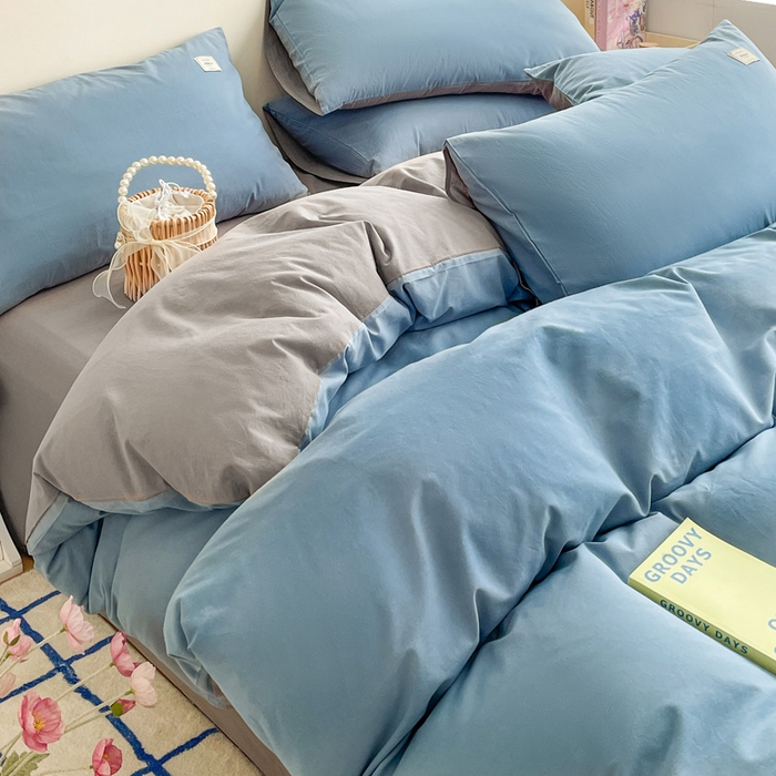 91家纺网 家纺一手货源 找家纺 雅居纺家纺 2024新款全棉素色水洗棉四件套 清雅蓝绅士灰