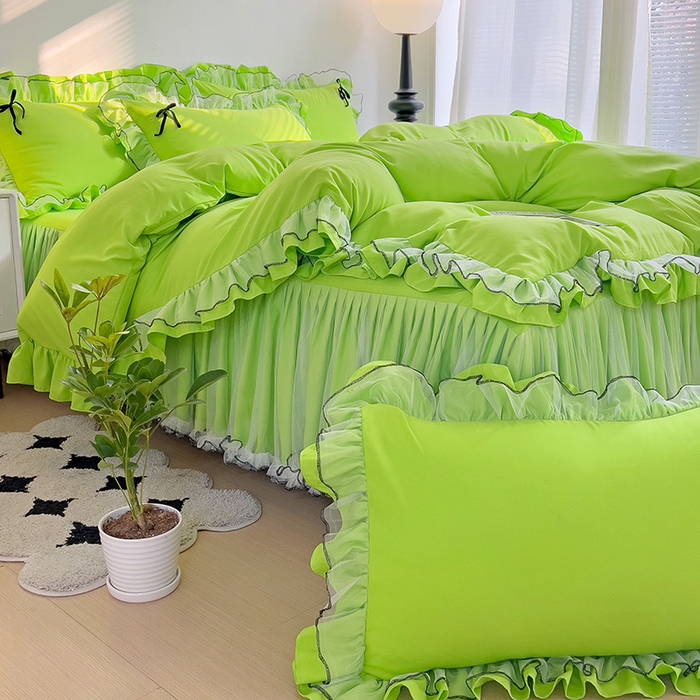 91家纺网 家纺一手货源 找家纺 言熙居 2024新款网纱花边韩版床裙款四件套 小仙女荧光绿