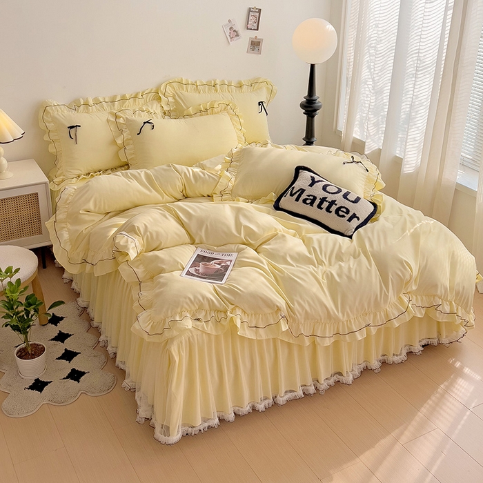 91家纺网 家纺一手货源 找家纺 言熙居 2024新款网纱花边韩版床裙款四件套 小仙女黄