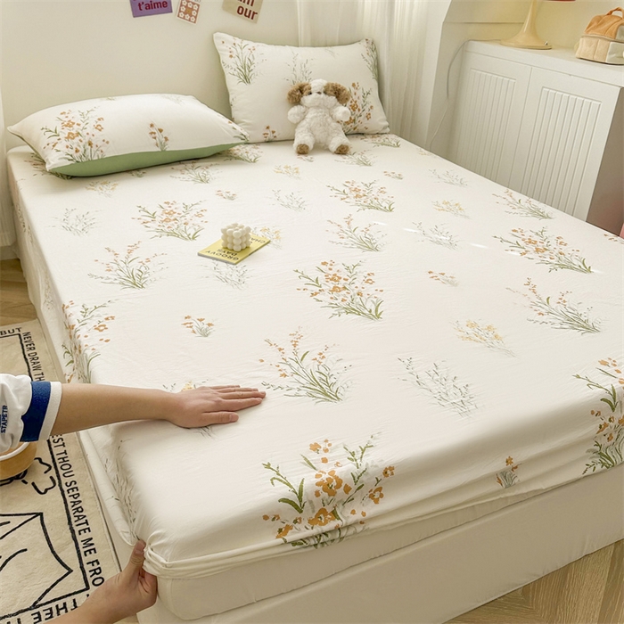 91家纺网 家纺一手货源 找家纺 古吉梦 2024新款水洗棉小清新印花床笠 仙草