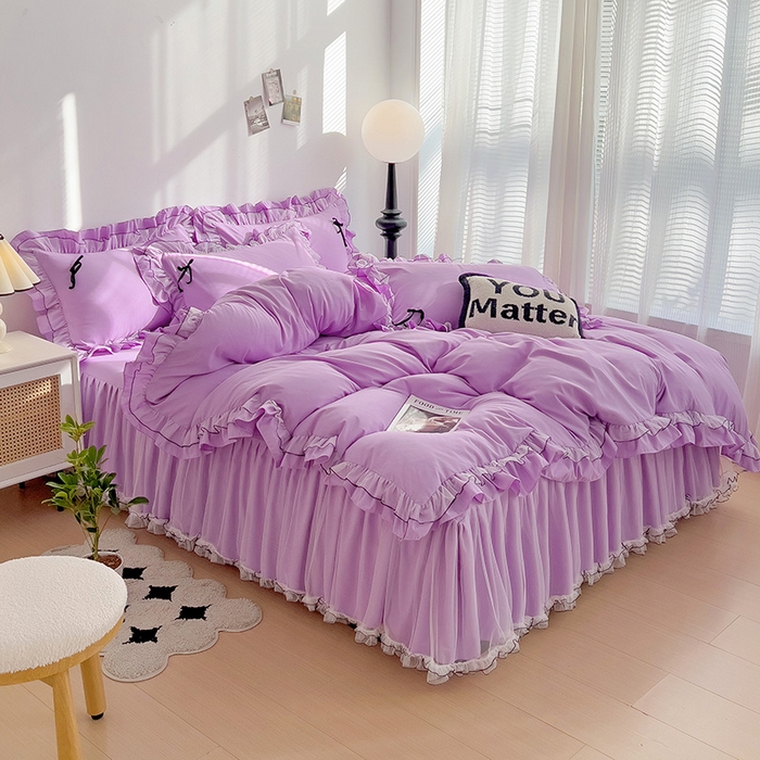 91家纺网 家纺一手货源 找家纺 言熙居 2024新款网纱花边韩版床裙款四件套 小仙女紫