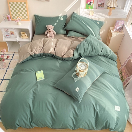 雅居纺家纺 2024新款全棉素色水洗棉四件套 墨子绿卡其
