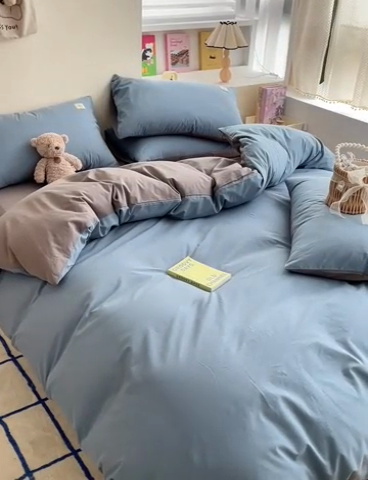 91家纺网 家纺一手货源 找家纺 雅居纺家纺 2024新款全棉素色水洗棉四件套 清雅蓝绅士灰