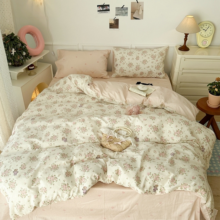 91家纺网 家纺一手货源 找家纺 昔可家纺 2024新款开春小清新花四件套 桃乐丝小熊