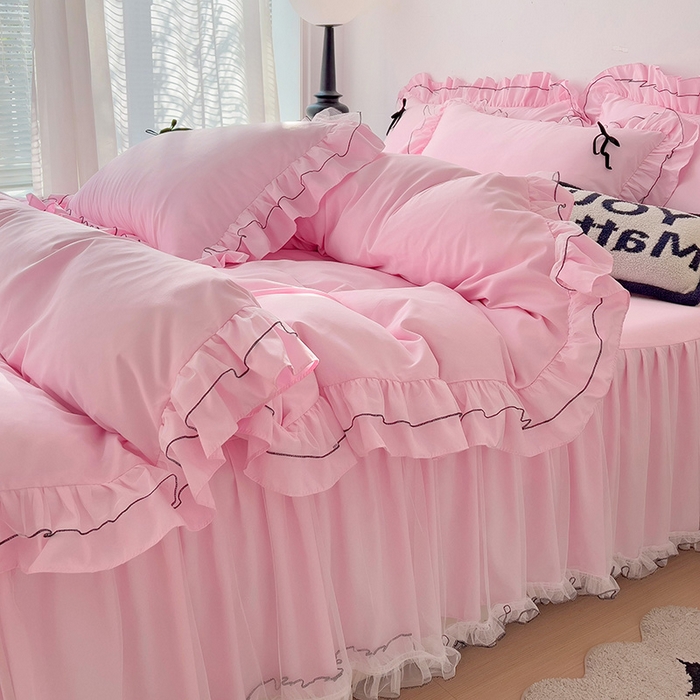 91家纺网 家纺一手货源 找家纺 言熙居 2024新款网纱花边韩版床裙款四件套 小仙女粉