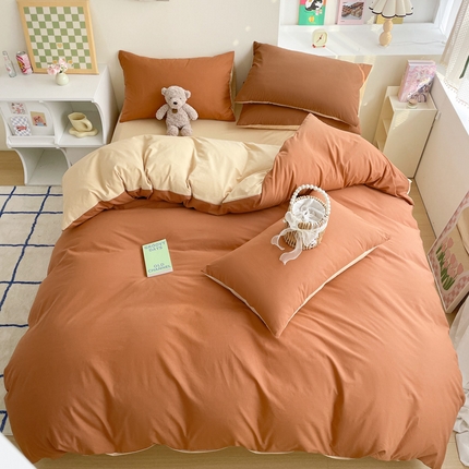 雅居纺家纺 2024新款全棉素色水洗棉四件套 焦糖咖啡