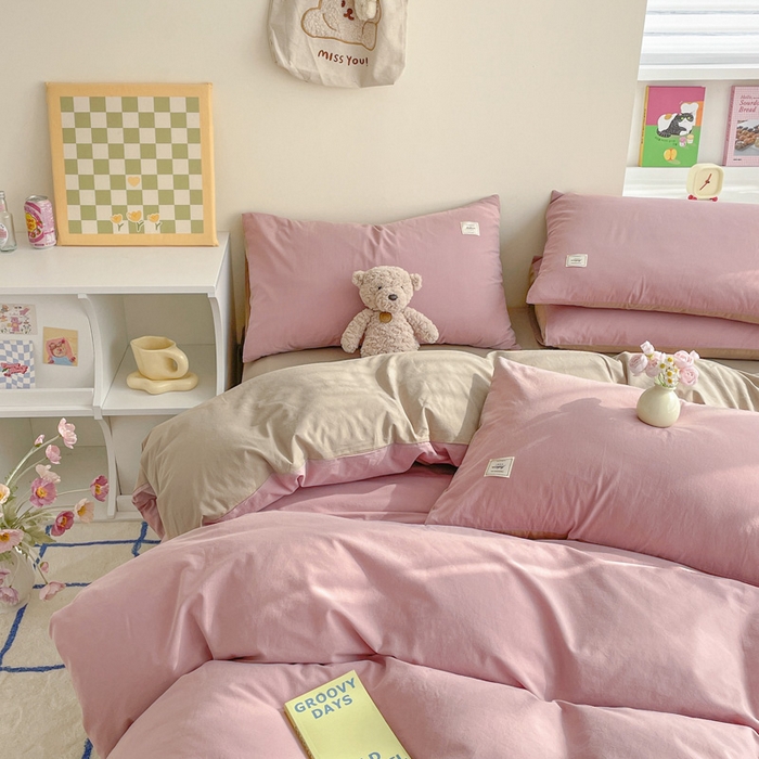 91家纺网 家纺一手货源 找家纺 雅居纺家纺 2024新款全棉素色水洗棉四件套 绅士红卡其