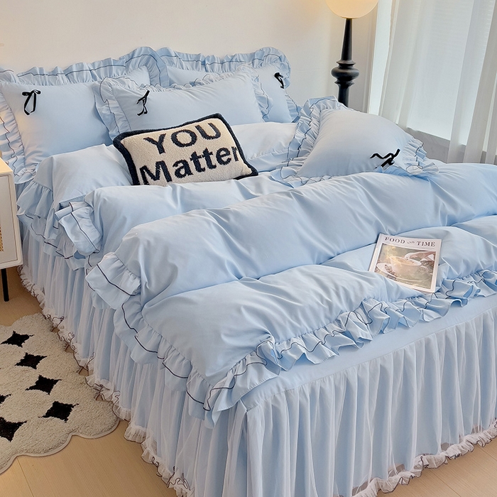 91家纺网 家纺一手货源 找家纺 言熙居 2024新款网纱花边韩版床裙款四件套 小仙女蓝