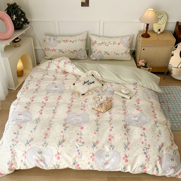 91家纺网 家纺一手货源 找家纺 昔可家纺 2024新款开春小清新花四件套 萌萌兔粉花