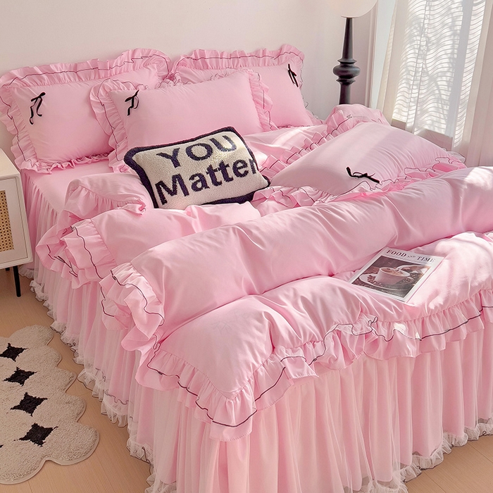 91家纺网 家纺一手货源 找家纺 言熙居 2024新款网纱花边韩版床裙款四件套 小仙女粉