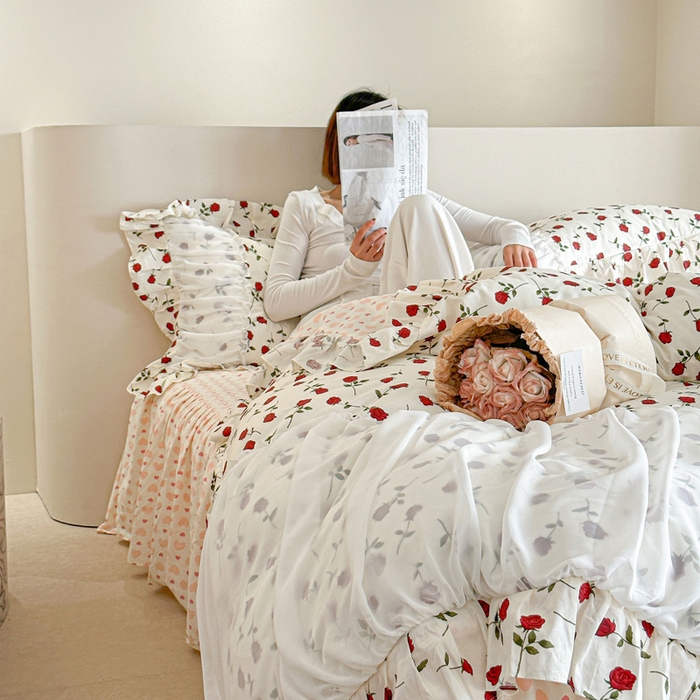 91家纺网 家纺一手货源 找家纺 （总）亲亲公主 2025新款全棉花边蕾丝公主风四件套-玫瑰恋人 