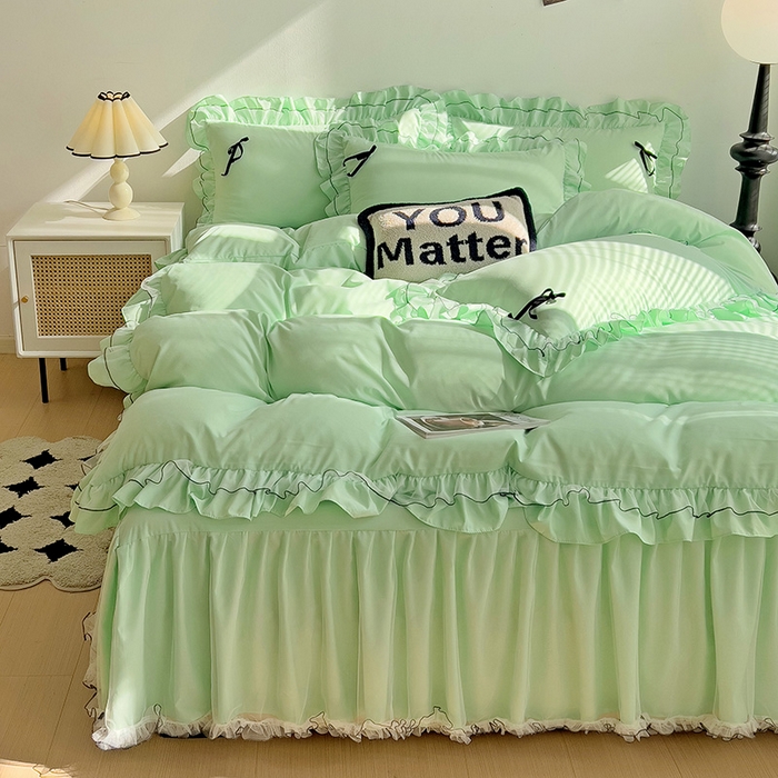 91家纺网 家纺一手货源 找家纺 言熙居 2024新款网纱花边韩版床裙款四件套 小仙女绿