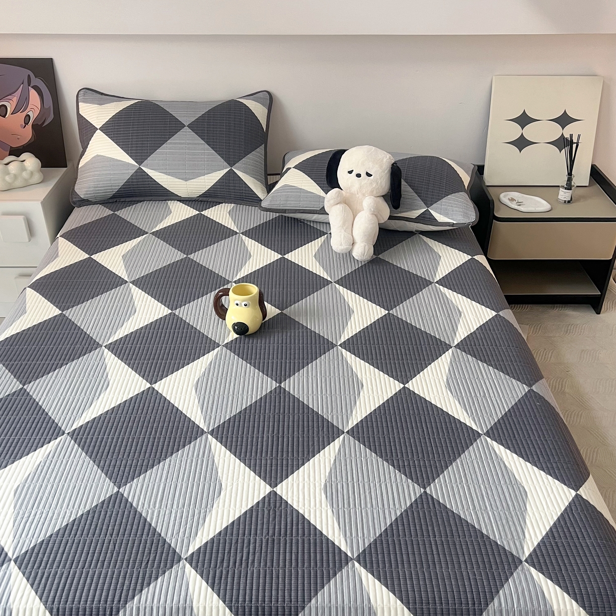 91家纺网 家纺一手货源 找家纺 HL原创 2024新款全棉印花床盖 绅士格