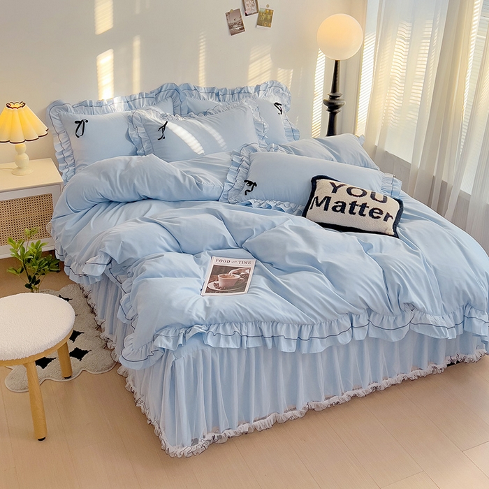 91家纺网 家纺一手货源 找家纺 言熙居 2024新款网纱花边韩版床裙款四件套 小仙女蓝