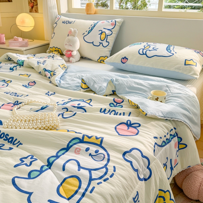 91家纺网 家纺一手货源 找家纺 寐居家纺 2024新款水洗棉小花边夏被 恐龙乐园