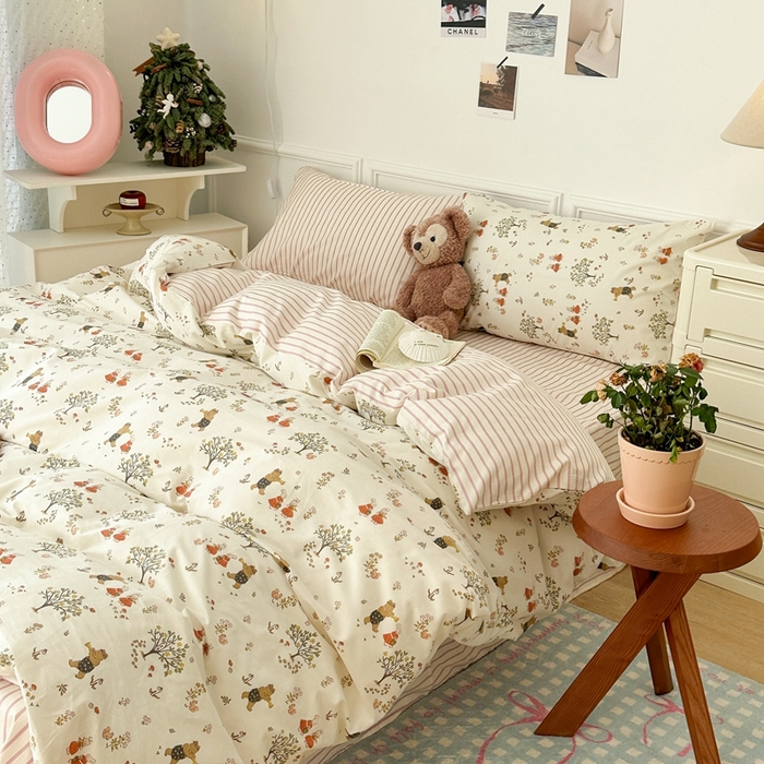 91家纺网 家纺一手货源 找家纺 昔可家纺 2024新款开春小清新花四件套 派对小熊兔兔