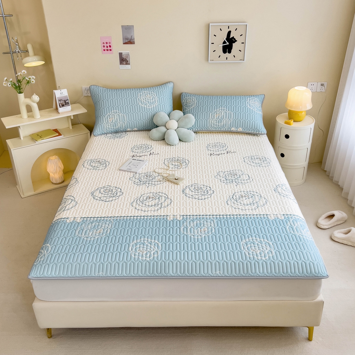 91家纺网 家纺一手货源 找家纺 希廷顿 2024新款加厚凉感丝乳胶凉席三件套 绽放玫瑰