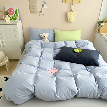 91家纺网 家纺一手货源 找家纺 寐居家纺 2024新款INS风全棉撞色单品四件套 ins风-迷雾蓝