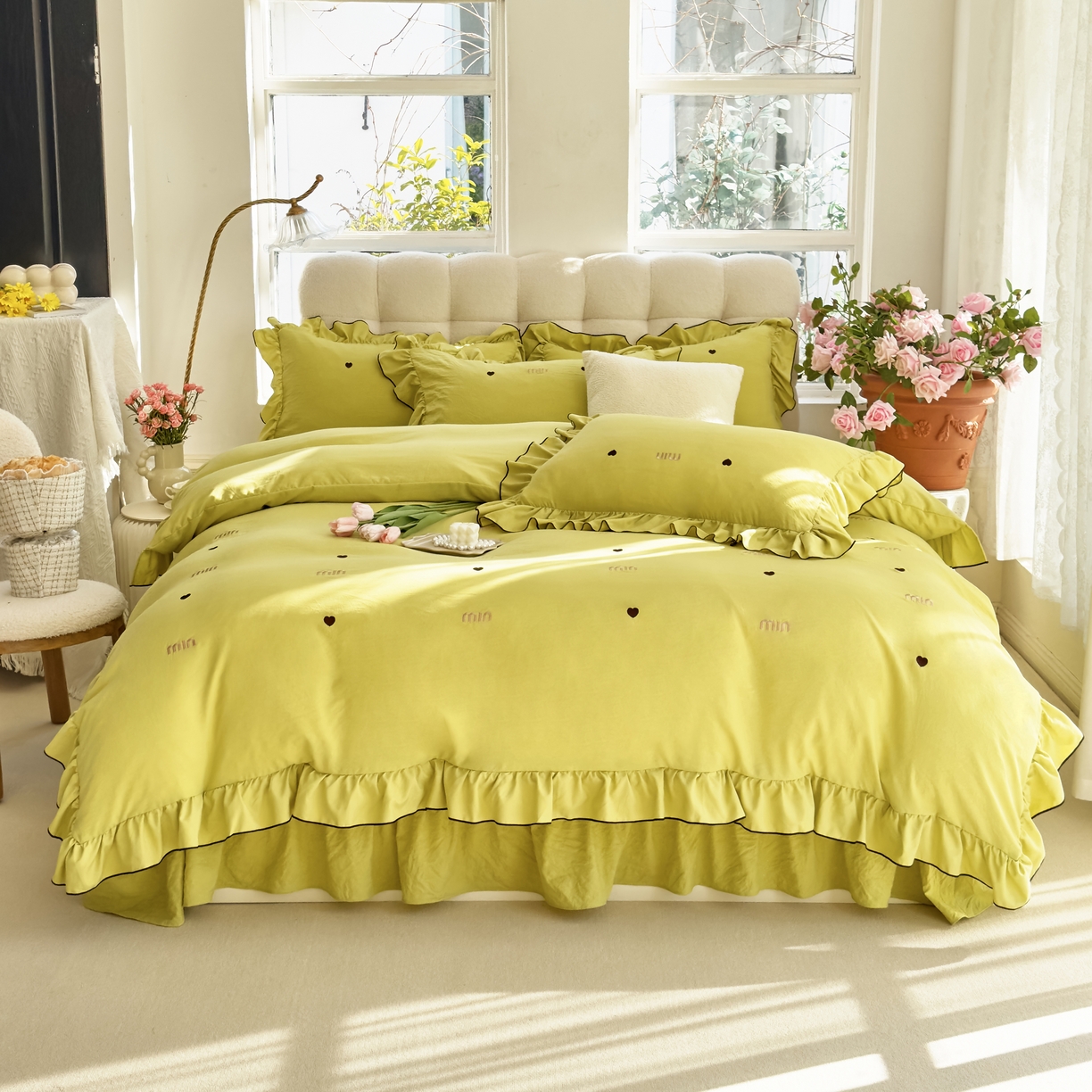 91家纺网 家纺一手货源 找家纺 梦可莱 2024新款亲肤刺绣荷叶边四件套-心灵迷恋 牛油果绿