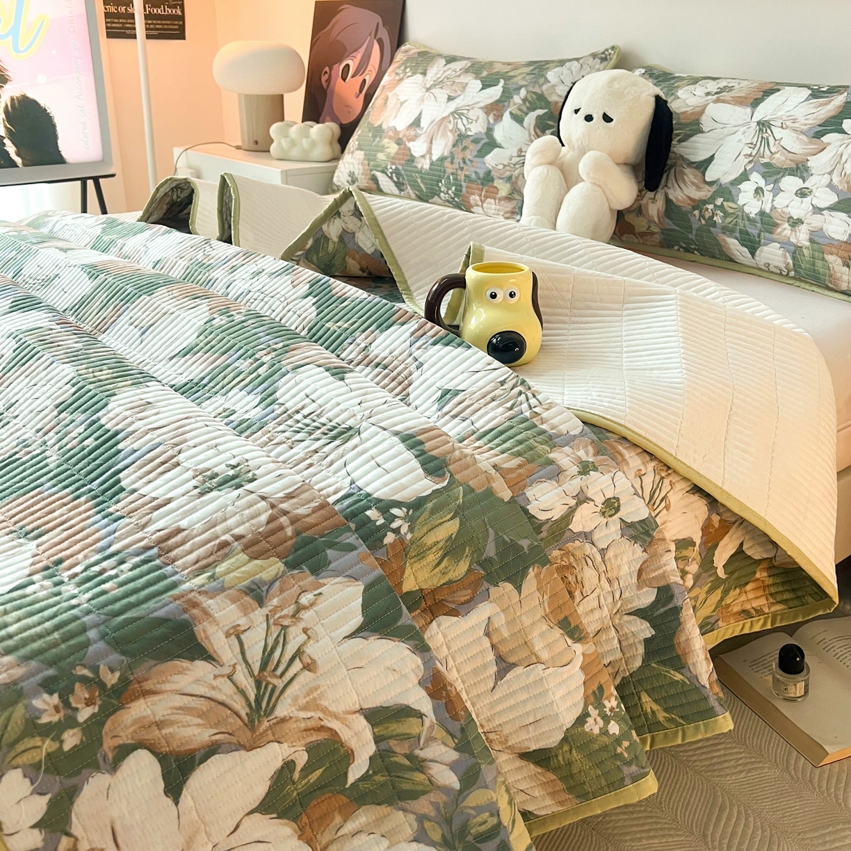 91家纺网 家纺一手货源 找家纺 HL原创 2024新款全棉印花床盖 绿百合