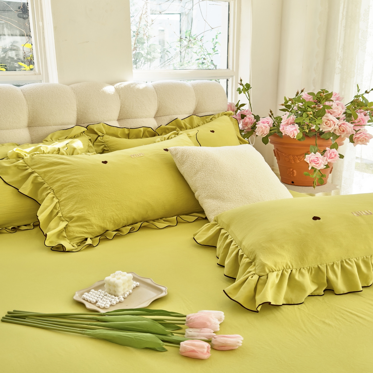 91家纺网 家纺一手货源 找家纺 梦可莱 2024新款亲肤刺绣荷叶边四件套-心灵迷恋 牛油果绿