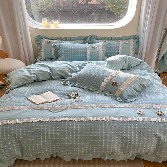 91家纺网 家纺一手货源 找家纺 蜜柚2024春夏新款全棉水洗棉韩系ins公主风花边四件套 芙贝拉-云朵蓝