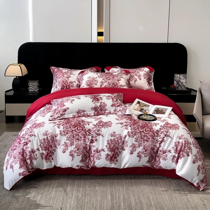 91家纺网 家纺一手货源 找家纺 金牛座 2025新款数码印花轻奢细斜纹丝质垂感四件套 意境-酒红